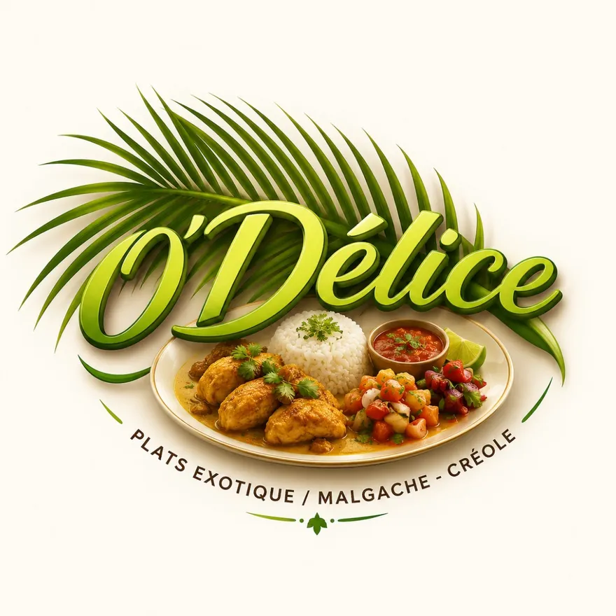 Logo O'Délice : plat de poulet, riz et salade sous une feuille de palmier